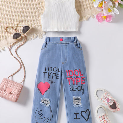 さらっと軽やかに大人っぽく決まる 女の子ノースリーブベスト＆レタープリントデニム風パンツ2点セット コットン素材 100〜130cm