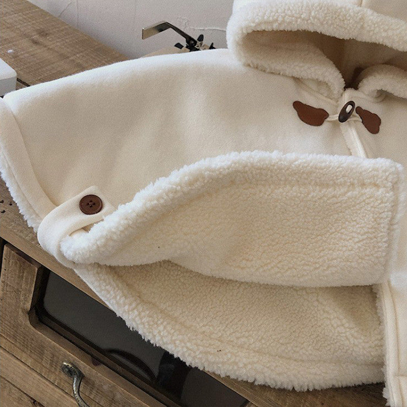 冬用キッズくま耳フード付きコットンポンチョコート ベージュ＆ピンク 73〜120cm 防風あったかケープアウター | Winter Toddler Cotton Bear Hood Poncho Coat 73–120cm Windproof Cape Jacket Lumisei Prime