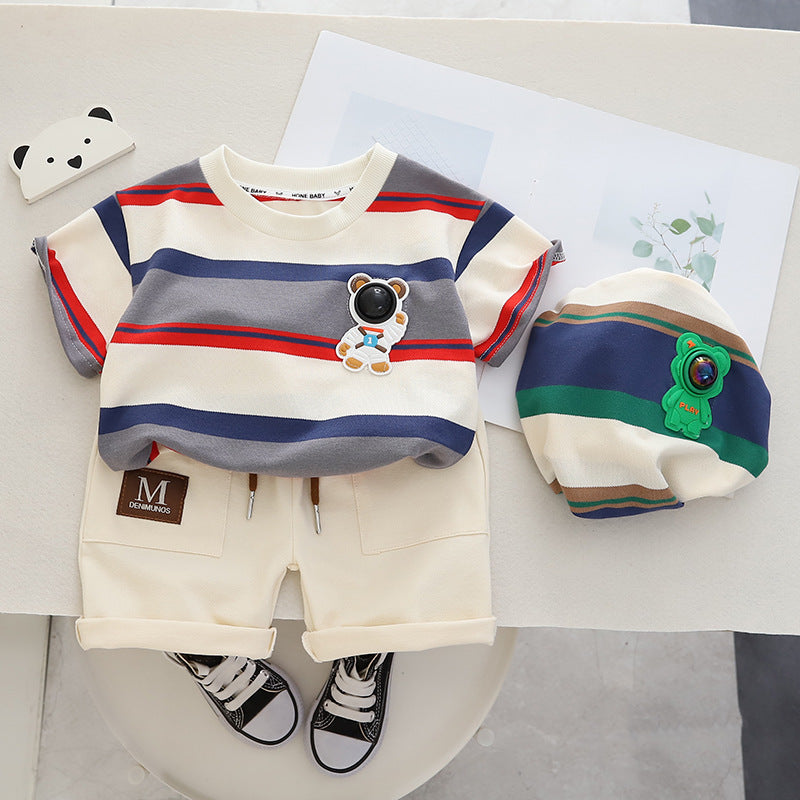 さらっと快適に着回せる 男の子ボーダー半袖Tシャツ＆ショートパンツ上下セット ワンポイントモチーフ コットン 90〜130cm