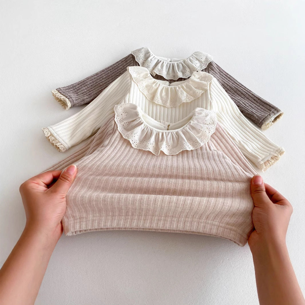 ピンク系レース襟長袖トップス 冬の女の子向けカジュアルウェア
