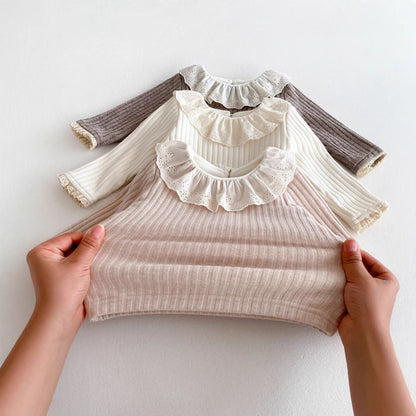 ピンク系レース襟長袖トップス 冬の女の子向けカジュアルウェア
