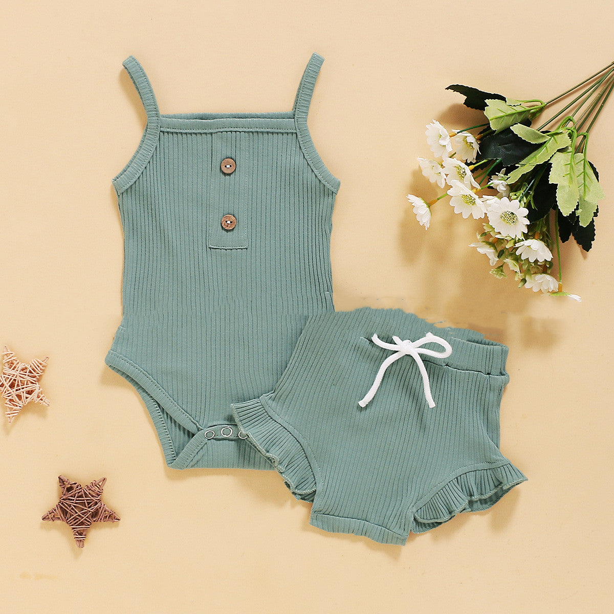 ふんわりやさしく着映える 女の子ベビー ノースリーブボディスーツ＆フリルショートパンツ上下セット リブニット無地 コットン 60~100cm