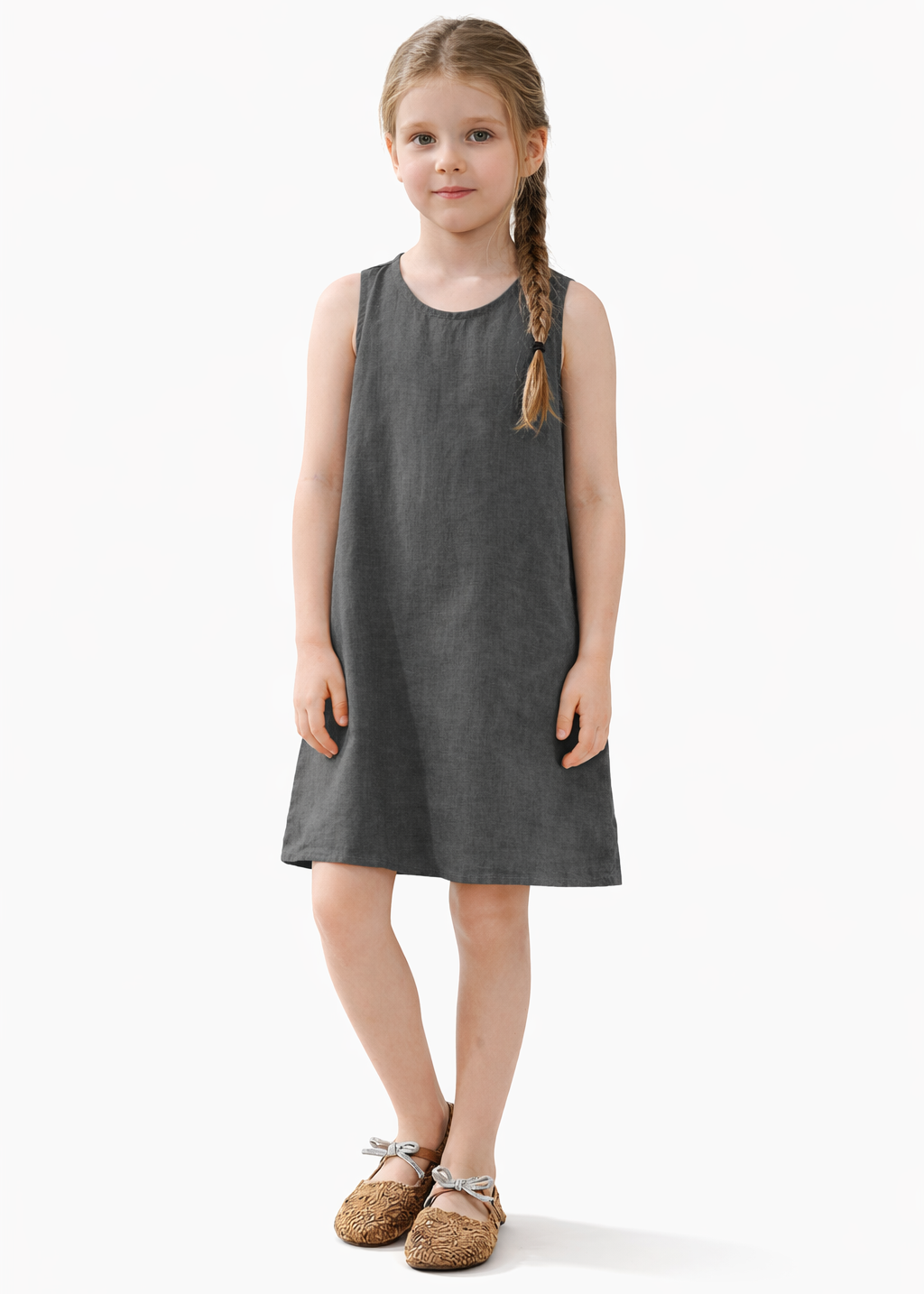 さらっと軽やかに毎日が可愛くまとまる 女の子ノースリーブワンピース 無地ベストデザイン リネン×コットン裏地コットン 90~130cm