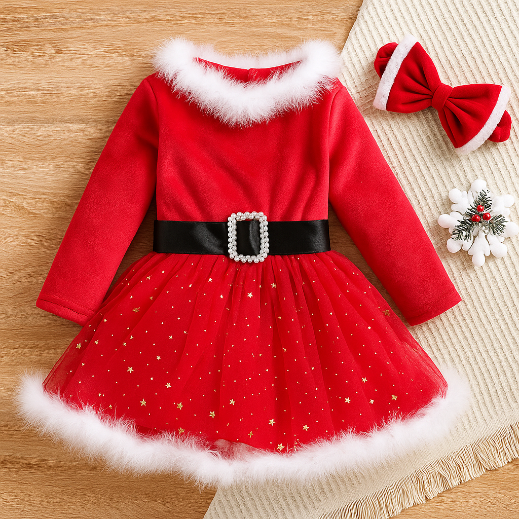 クリスマス小物と並ぶ女の子用赤ドレスセット。長袖ベルベットに真珠調バックル、金の星柄チュール、白ファー装飾。
