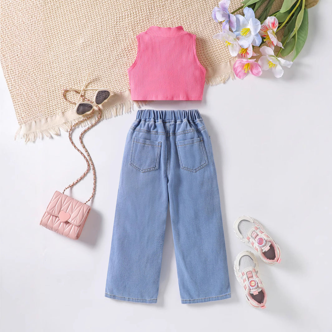さらっと軽やかに大人っぽく決まる 女の子ノースリーブベスト＆レタープリントデニム風パンツ2点セット コットン素材 100〜130cm