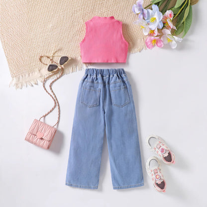 さらっと軽やかに大人っぽく決まる 女の子ノースリーブベスト＆レタープリントデニム風パンツ2点セット コットン素材 100〜130cm
