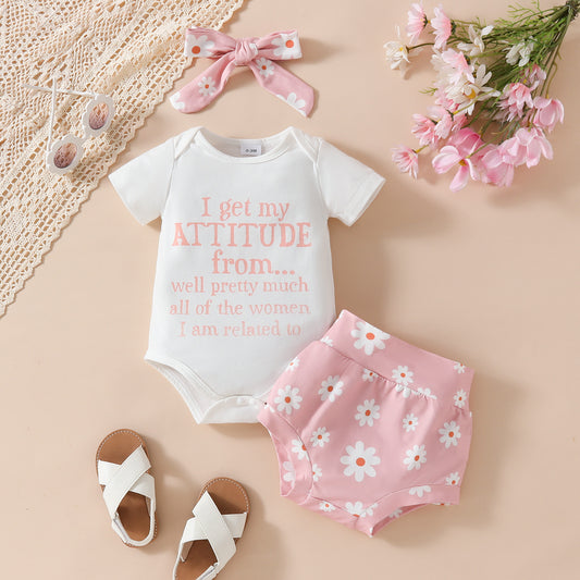 写真映えが可愛く決まる 女の子半袖ロンパース＆デイジー花柄ショートパンツ上下セット レタープリント ニット生地 0〜18ヶ月