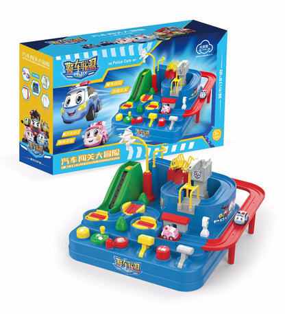 青いコンソールトラック本体と カートゥンキャラクターが描かれた青いパッケージ箱がセットで写っている商品イメージ
