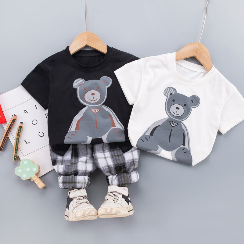 さらっと動きやすい 男の子半袖Tシャツ＆チェックパンツ上下セット くまプリント コットン 80~110cm
