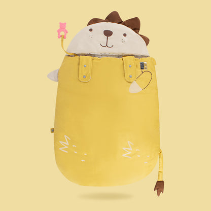 イエローのベビー抗ショック寝袋をベビーカーにセットしたイメージ写真（イエロー ベビーカー寝袋）
