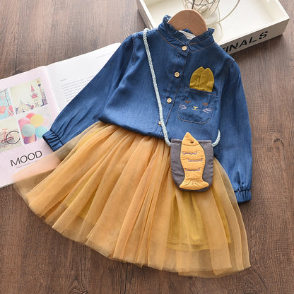 おでかけがもっと楽しくなる 女の子スカートセットアップ3点セット うさぎポケットデザイン デニムコットン 100~140cm