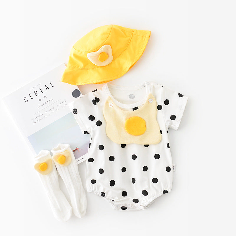ふんわり軽やかで夏も快適 赤ちゃん三角ロンパース たまごモチーフ水玉デザイン コットン混 紐付きハットセット 66〜90cm