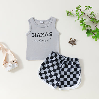 さらりと快適に決まる 男の子上下セット タンクトップ風レタープリントトップス＆チェック柄ショートパンツ ポリエステル 0-6ヶ月〜2-3歳