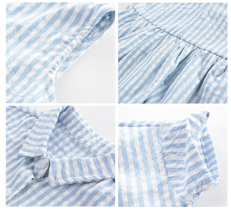 涼やかライトブルーが夏に映える 女の子ノースリーブワンピース ブルー×ホワイトストライプ コットン 80~130cm