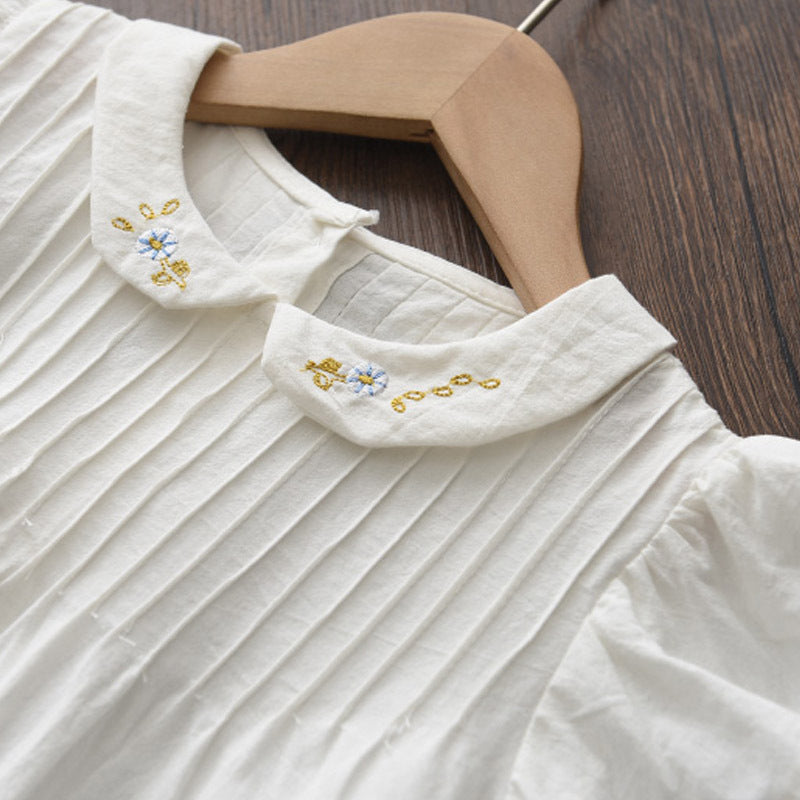 刺繍入りドール襟が上品に映える 女の子フライングスリーブワンピース 無地コットン 100~140cm