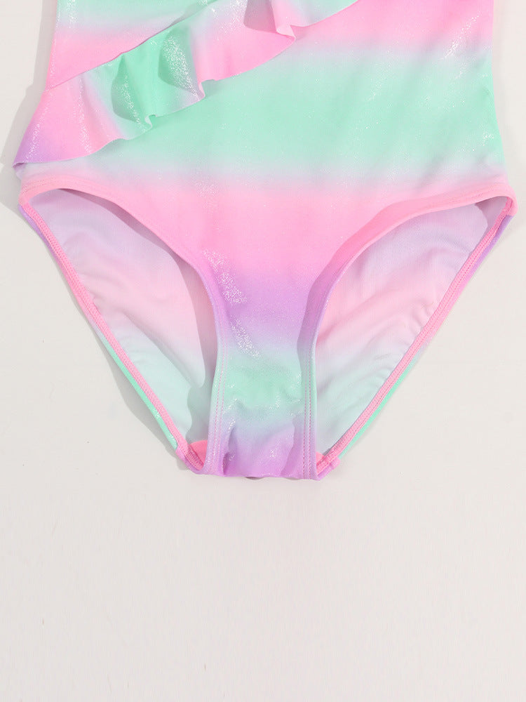 グラデーションラメ調 ガールズワンピース水着｜アシンメトリーフリル・ナイロン82%・70〜100cmcm