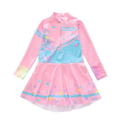 キッズ女の子 長袖ドレス風ワンピース水着 マーメイド柄 ハーフジップ 速乾ポリエステル 3〜14歳