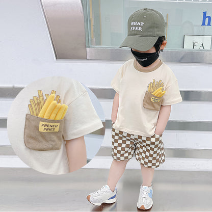 さらっと夏映えでおしゃれに決まる 男の子上下セット 半袖Tシャツ＆ショートパンツ フライドポテトポケットプリント チェッカー柄ショーツ ポリエステル ミルクティー 90〜150cm