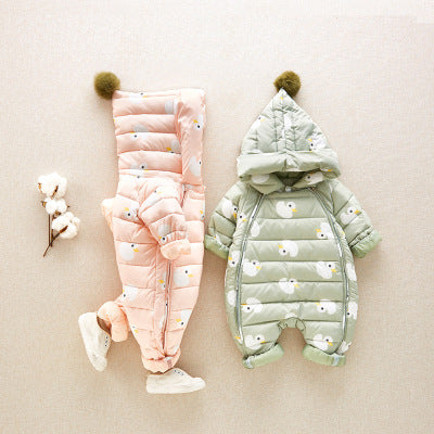 フード付きベビー冬用ダウンロンパース全体画像
