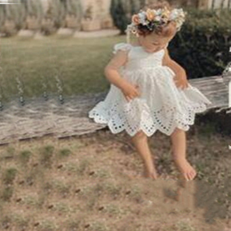 風に揺れて涼しく可憐にきまる 女の子アイレットレースジャンパースカート フリル肩紐バックリボン コットン 80~120cm