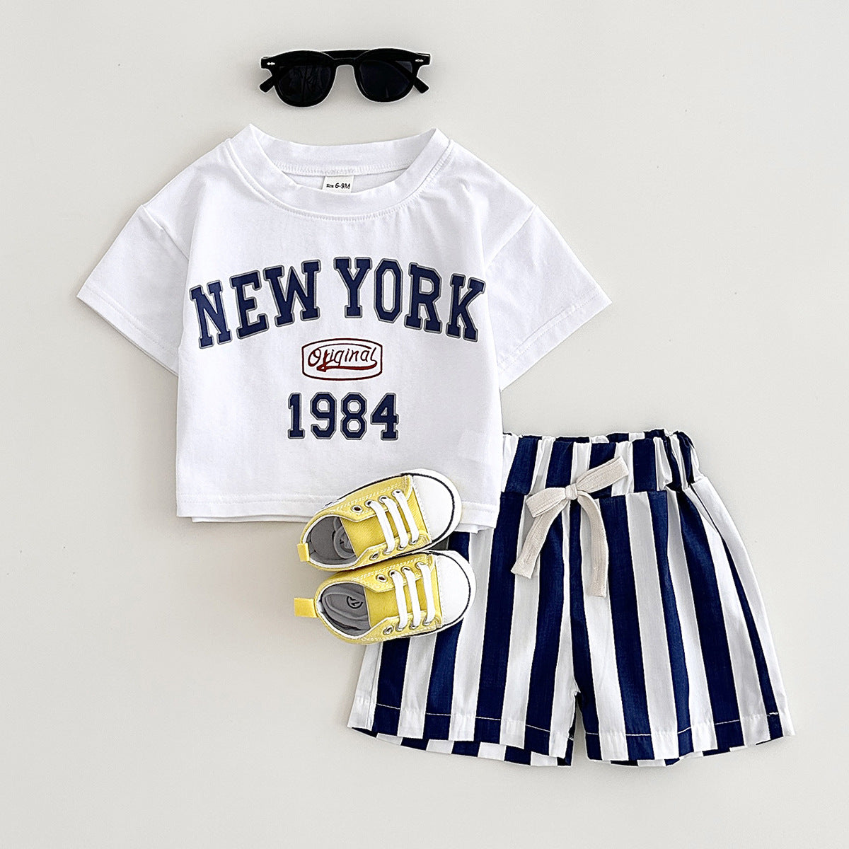 キッズ 夏用 半袖Tシャツ＆ショートパンツ 2点セット NEW YORK レタープリント コットン 韓国風 66〜100cm