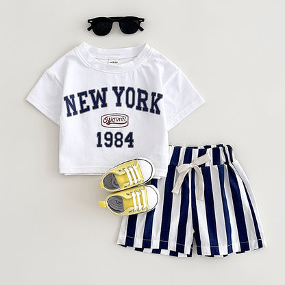キッズ 夏用 半袖Tシャツ＆ショートパンツ 2点セット NEW YORK レタープリント コットン 韓国風 66〜100cm