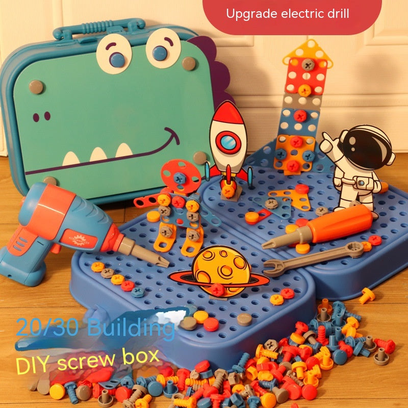 恐竜デザインのツールボックスと電動ドリル、カラフルなねじパーツが並んだDIY工具セット
