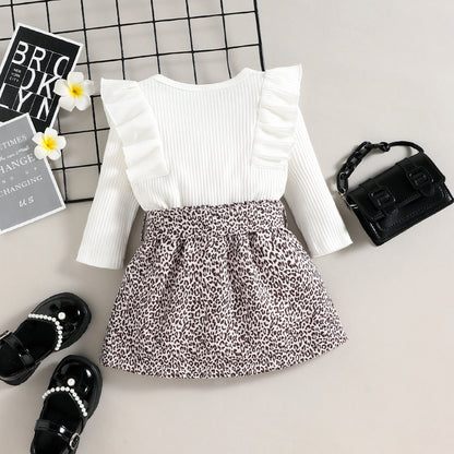 ふんわりフリル長袖トップスとレオパード柄スカートが大人可愛い 女の子秋冬スカートセット コットン素材 プルオーバー 80〜120cm