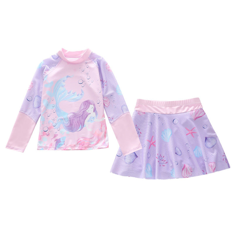 キッズ女の子 マーメイド柄 長袖ラッシュガード上下セット スカート付きセパレート UV対策 速乾ポリエステル 3〜13歳