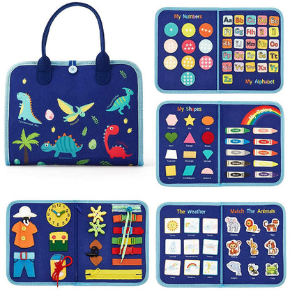 ネイビーのモンテッソーリ知育バッグ、恐竜デザインと天気・時計・形合わせなどの知育パネルが揃った幼児向け学習セット  
