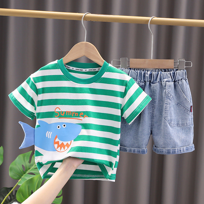 さらっと快適に動ける 男の子夏用半袖Tシャツ＆ショートパンツ上下セット ボーダー×サメプリント コットン素材 80~120cm