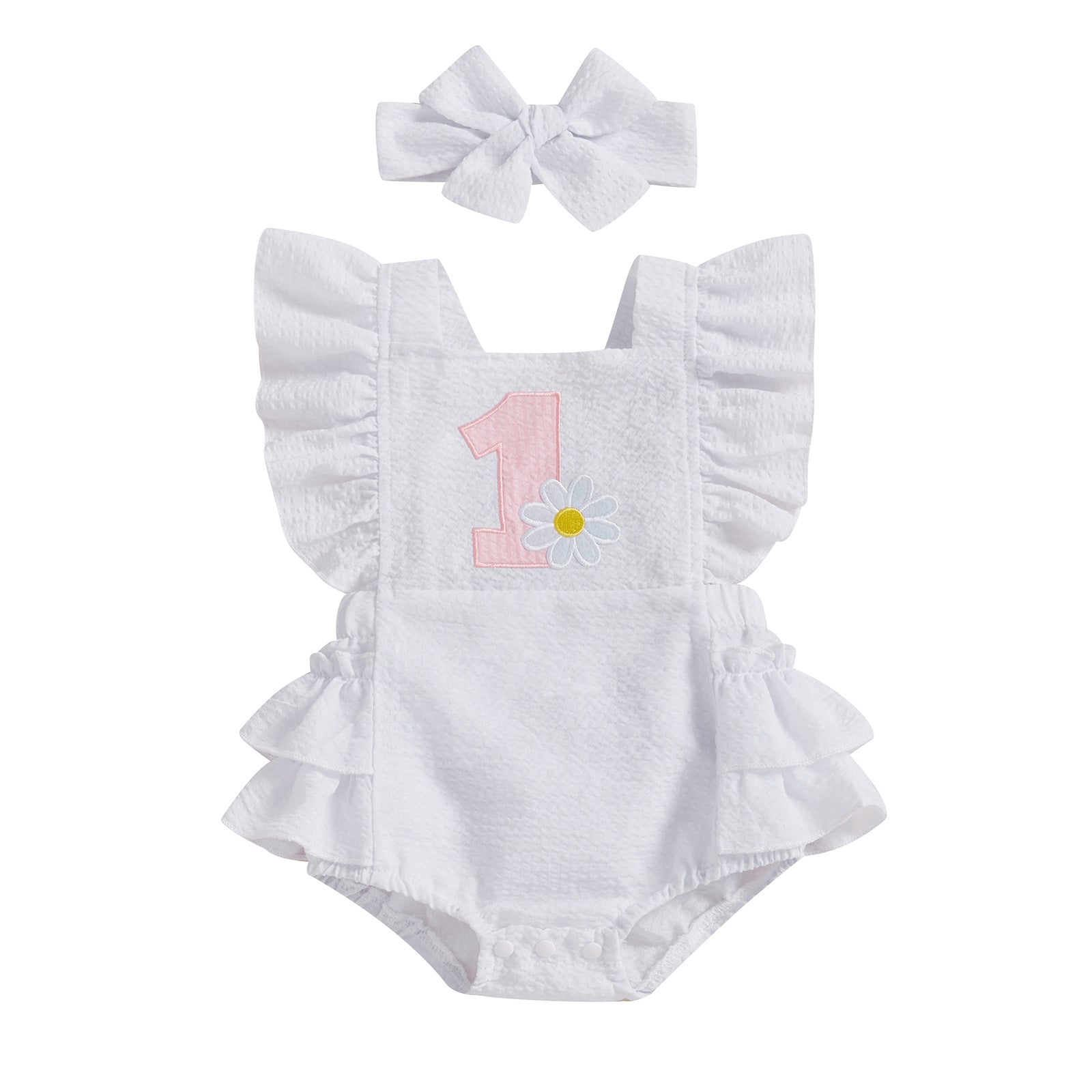 ホワイトのフリルロンパースとリボンヘアバンドのセット 正面
