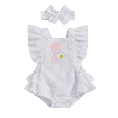 ホワイトのフリルロンパースとリボンヘアバンドのセット 正面
