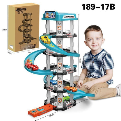 子どもが組み立てた立体タワーコースで遊ぶカートラックセット使用イメージ
