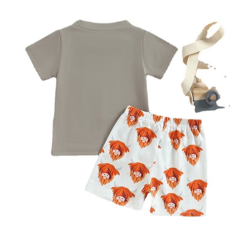 元気に遊べておしゃれも決まる 男の子半袖Tシャツ＆ショートパンツ上下セット WILD CHILD牛プリント コットン 70~110cm