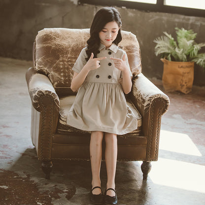 きちんと可愛いが叶う 女の子シャツワンピース 無地ダブルボタン コットン混 Aライン 半袖 110〜160cm