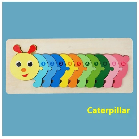 いもむしモチーフの木製立体パズルピース完成イメージ（指先でつまみやすい）
