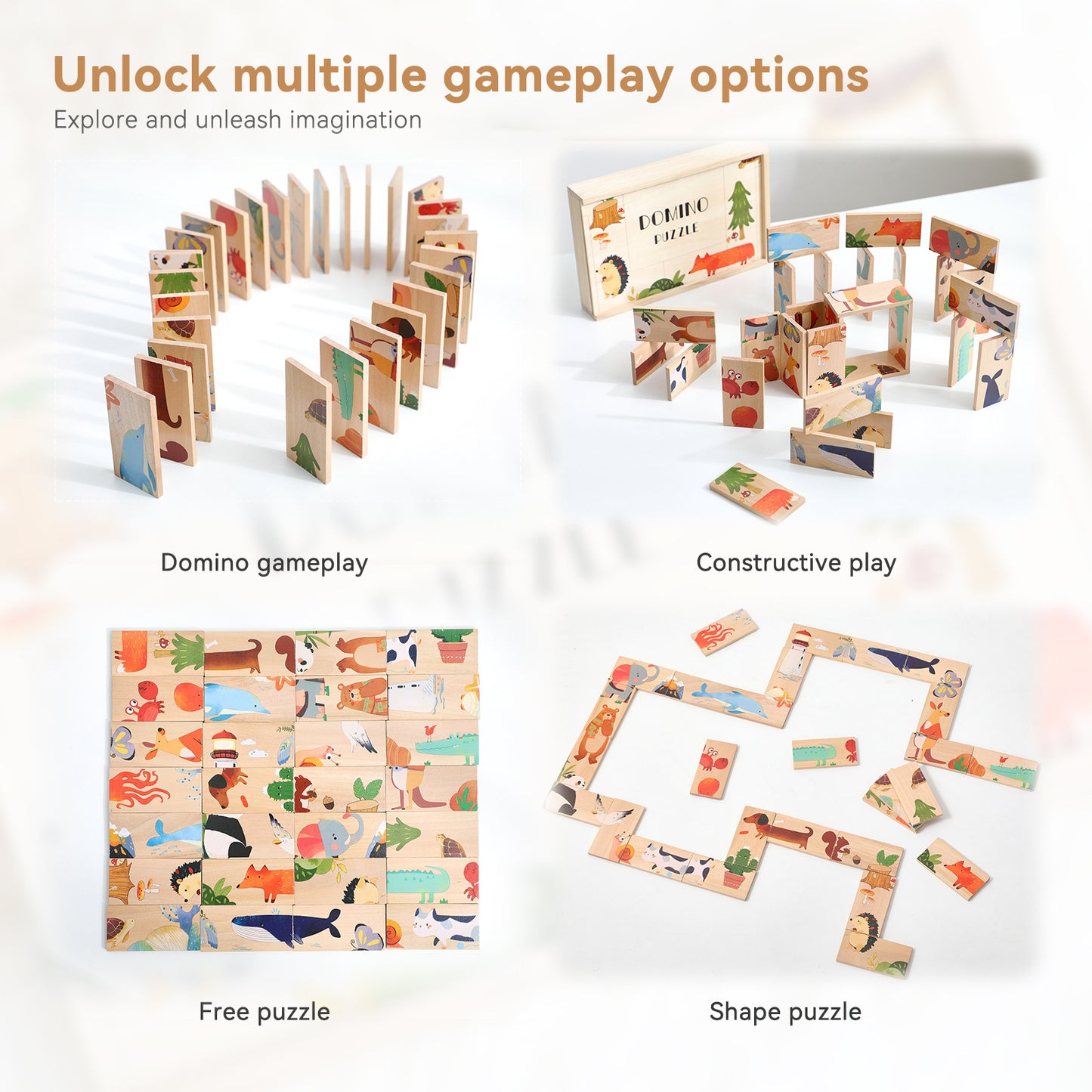 木製ドミノパズルの多様な遊び方、ドミノ倒し・立体構築・形合わせパズル・自由配置パズル、幼児の創造力と論理的思考を育む知育おもちゃ、動物柄ウッドブロックセット
