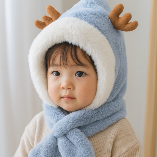 青いふわふわトナカイ風フードをかぶった幼児の正面写真
