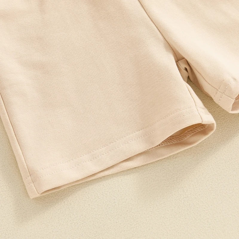 さらっと軽やかに夏コーデが完成する 男の子フーディー上下セット 半袖フードトップス＆ショートパンツ チェッカー柄アクセント ニット素材ポリエステル アプリコット 6〜12ヶ月〜3〜4歳