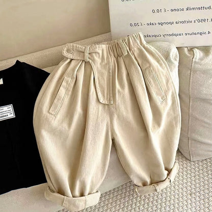 テクスチャーコットンのキッズクロップドパンツ アプリコット
