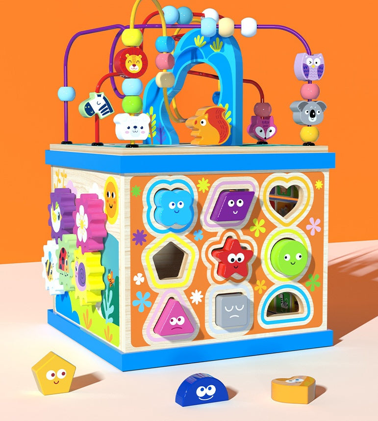 多機能ビーズ宝箱アクティビティキューブ 1.9kg 大型知育おもちゃ 360度遊べる木製学習ボックス | Multi-Function Beads Activity Cube Toy Lumisei Prime