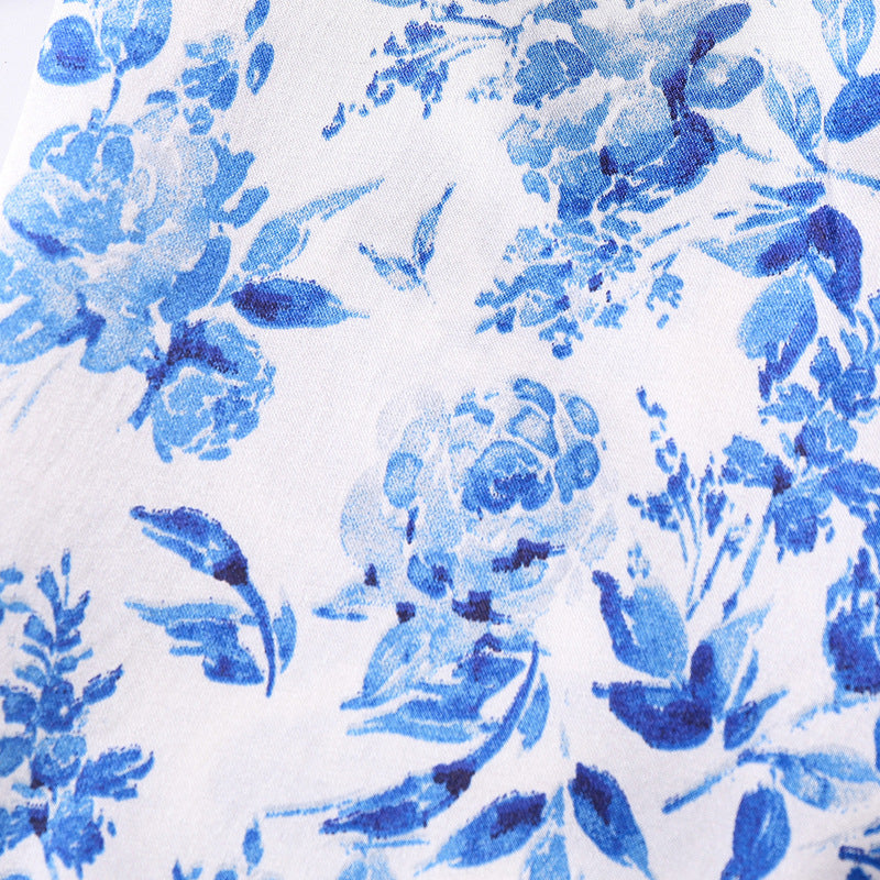 おうち時間が上品に整う 子ども半袖パジャマ上下セット ブルーフラワープリント 開襟カーディガン サテン 130cm