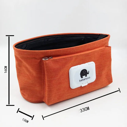 オレンジの収納バッグのサイズ目安（33×16×13cm）表示イメージ（ベビーカー収納バッグ）
