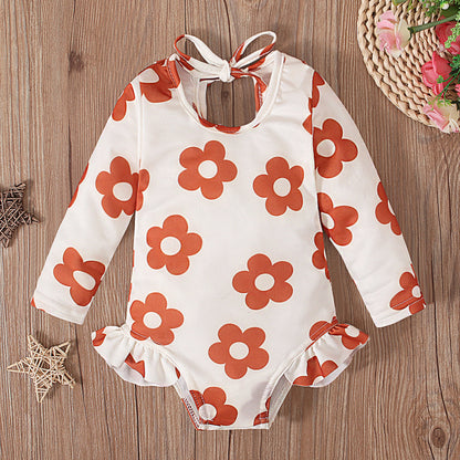 ベビー女の子 長袖UVラッシュガードワンピース水着 花柄 オープンバック フリル付き 70cm・80cm・90cm・100cm・110cm