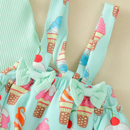 おでかけ気分がふわっと高まる 女の子プリントトップス＆サロペットブルマ3点セット フリル袖 コットン ブルー/ピンク 70~100cm