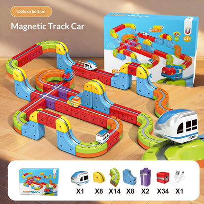 デラックス版「Magnetic Track Car」長い立体レールコースと複数の電動カー、本体箱と豊富なレールパーツ内容が並ぶ商品イメージ
