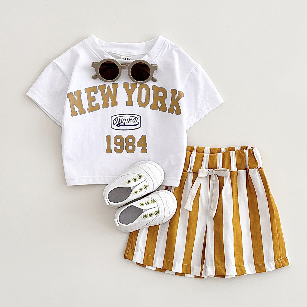 キッズ 夏用 半袖Tシャツ＆ショートパンツ 2点セット NEW YORK レタープリント コットン 韓国風 66〜100cm