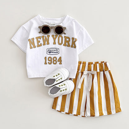 キッズ 夏用 半袖Tシャツ＆ショートパンツ 2点セット NEW YORK レタープリント コットン 韓国風 66〜100cm