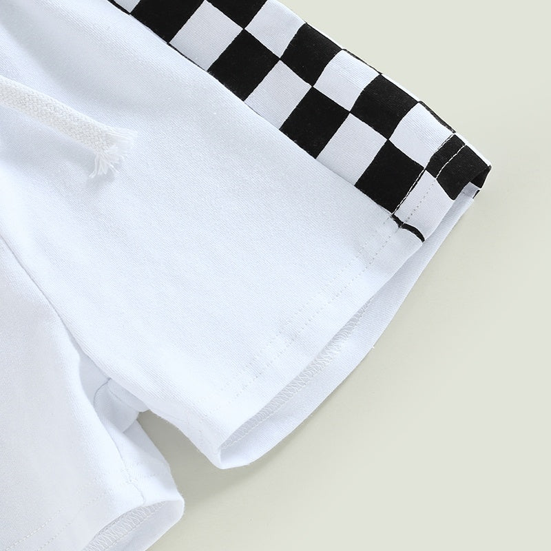 ホワイトのチェッカーボード柄切り替えショートパンツのディテール
